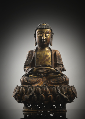 <b>TEILS FEUERVERGOLDETE BRONZE DES BUDDHA SHAKYAMUNI MIT RESTEN VON LACKVERGOLDUNG</b> <b>TEILS FEUERVERGOLDETE BRONZE DES BUDDHA SHAKYAMUNI MIT RESTEN VON LACKVERGOLDUNG</b>