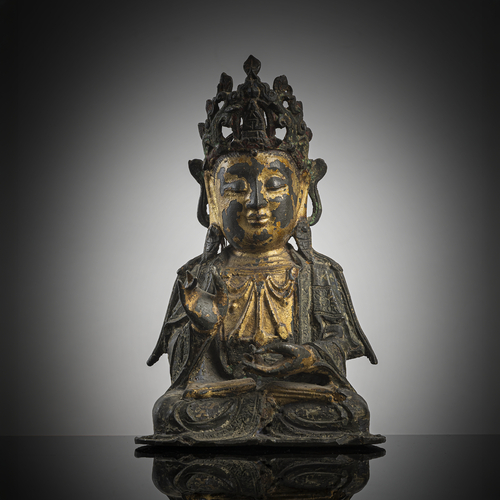 <b>Partiell vergoldete Bronze des Guanyin im Meditationssitz</b>