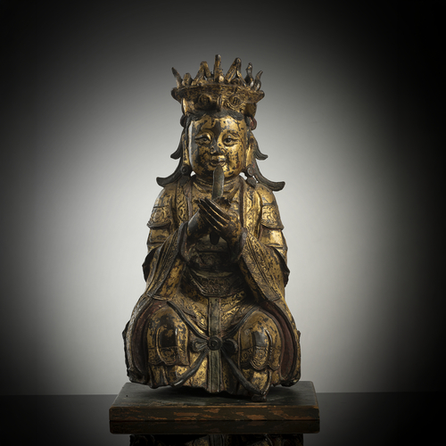 <b>Bronzefigur der Bixia Yuanjun mit Lackvergoldung auf Holzstand</b> <b>Bronzefigur der Bixia Yuanjun mit Lackvergoldung auf Holzstand</b>