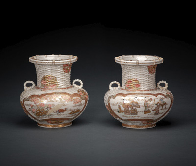 <b>A PAIR OF SATSUMA EARTHENWARE VASES IMITATING WOVEN IKEBANA BASKETS</b>