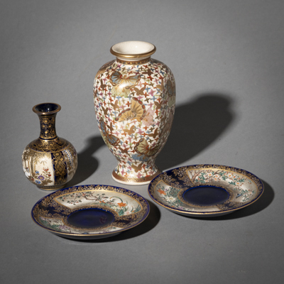 <b>TWO SATSUMA VASES AND A PAIR OF SAUCERS</b>