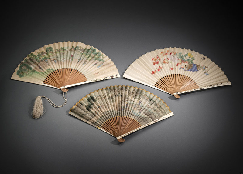 <b>THREE PAPER FANS COMPOSED WITH BAMBOO AND IVORY STICKS DECORATED IN SHIBAYAMA STYLE</b>