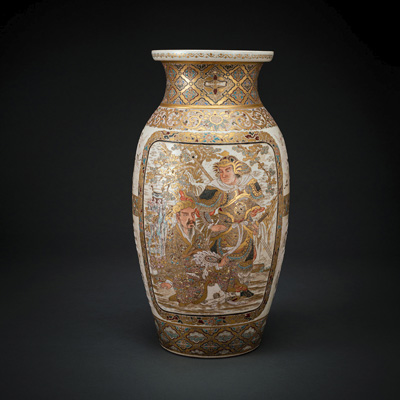 <b>A LARGE ARHAT SATSUMA EARTHENWARE VASE WITH MYTHOLOGICAL SCENES</b>