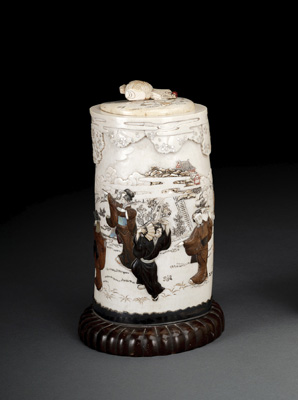 <b>A LARGE SHIBAYAMA IVORY BRUSHHOLDER ON WOOD STAND AND COVER WITH A FIGURAL SCENE</b>