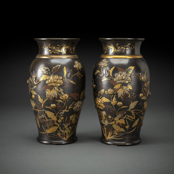 <b>A PAIR OF BRONZE VASES WITH PEONIES AND BIRDS IN IROE TAKAZOGAN</b>
