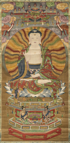 <b>Buddhistische Malerei mit Buddha Shakyamuni auf einem Lotosthron</b> <b>Buddhistische Malerei mit Buddha Shakyamuni auf einem Lotosthron</b>