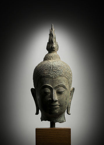 <b>Kopf des Buddha Shakyamuni aus Bronze auf einem Holzstand</b> <b>Kopf des Buddha Shakyamuni aus Bronze auf einem Holzstand</b>
