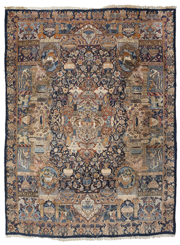 <b>Großer Kaschmar-Teppich, Zirhaki-Design mit archäologische Fundstücken und Vasenmotiven</b> <b>Großer Kaschmar-Teppich, Zirhaki-Design mit archäologische Fundstücken und Vasenmotiven</b>