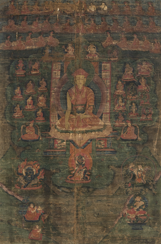 <b>Thangka eines Lama von zahlreichen Figuren umgeben</b> <b>Thangka eines Lama von zahlreichen Figuren umgeben</b>