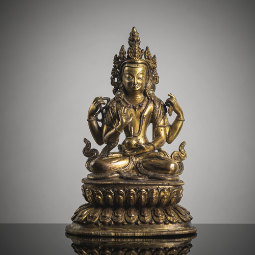 <b>Feuervergoldete Figur des Manjugosha aus Kupfer</b> <b>Feuervergoldete Figur des Manjugosha aus Kupfer</b>