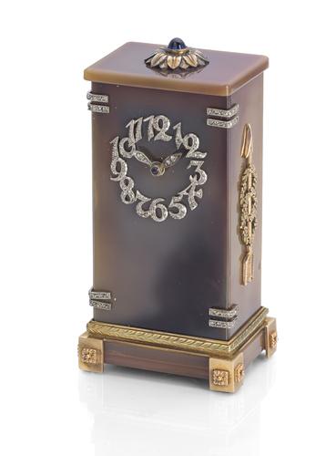 <b>Miniatur-Tischuhr aus Achat mit Gold- und Silber-Applikationen</b> <b>Miniatur-Tischuhr aus Achat mit Gold- und Silber-Applikationen</b>