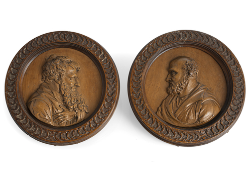 <b>Paar Portrait-Reliefs bärtiger Herren (Evangelisten ?)</b> <b>Paar Portrait-Reliefs bärtiger Herren (Evangelisten ?)</b>