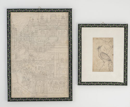 <b>Zwei Miniaturen/ Zeichnungen: Vogel und Palastansicht, unter Glas gerahmt</b> <b>Zwei Miniaturen/ Zeichnungen: Vogel und Palastansicht, unter Glas gerahmt</b>