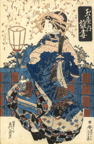 <b>Farbholzschnitt mit Kurtisane von Eisen und zwei Farbholzschnitte von Hiroshige aus der Serie 