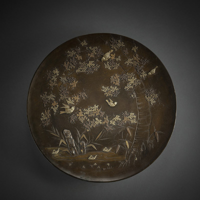 <b>A LARGE IROE-TAKAZOGAN BIRDS AND FLOWERS BRONZE PLATE</b>