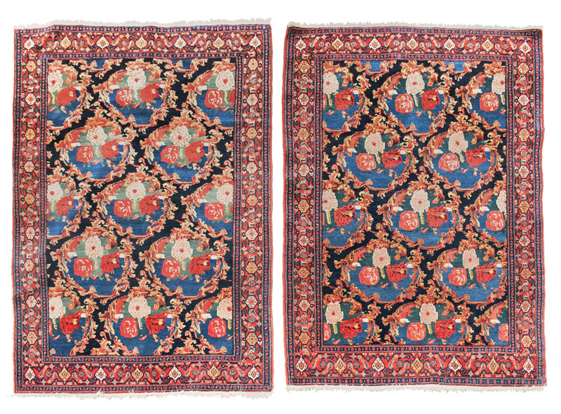 Decorative knobwork decorated in the background of floral arabesque contoured medallions with stylized rose petals. The patterned interior field with dark blue-ground fondi is framed by a classic 