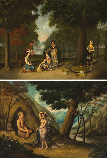 <b>Anonymer Maler mit Darstellungen von zwei indischen Genre-Szenen. Öl auf Leinwand</b>