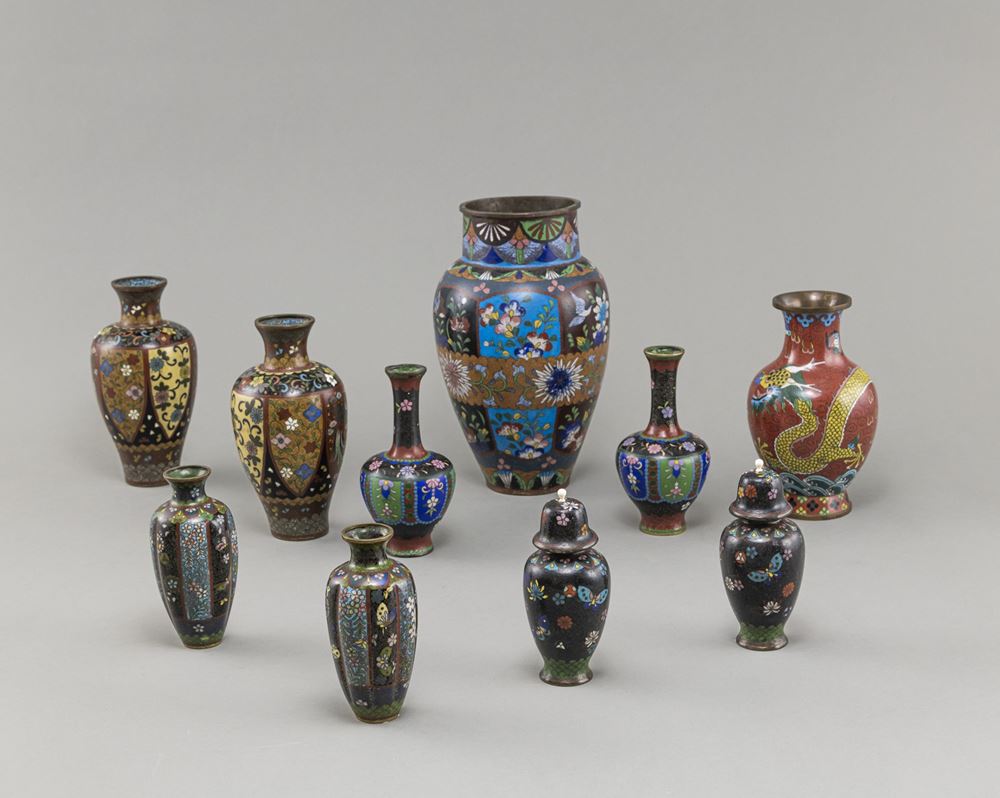 <b>GROUP OF TEN CLOISONNÉ VASES</b>
