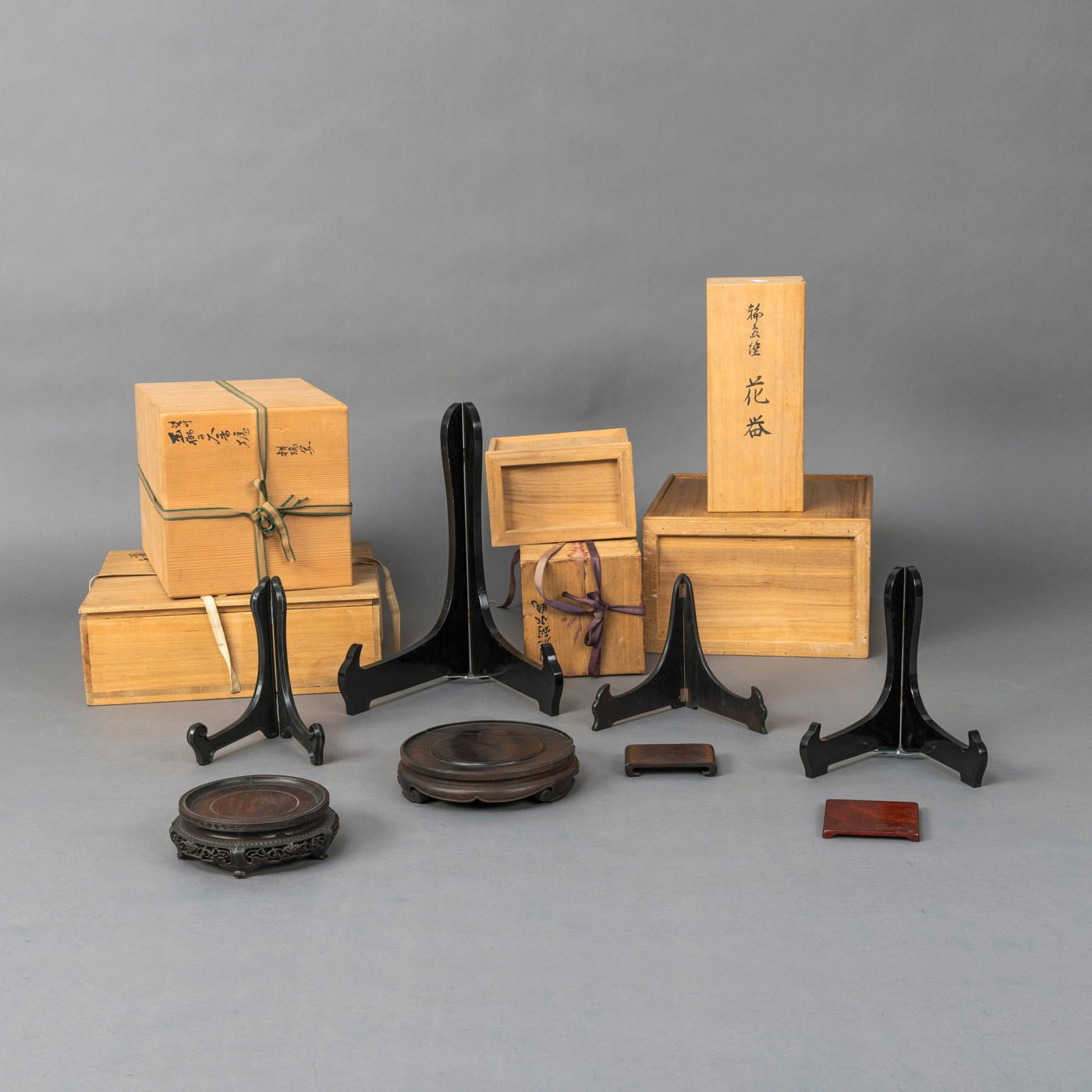 <b>SIX WOODEN BOXES AND SEVEN STANDS</b>