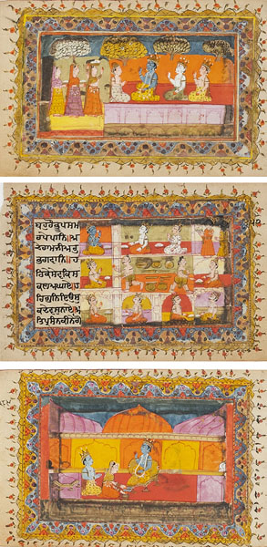<b>THREE MANUSCRIPT LEAVES WITH MINIATURE PAINTINGS, DEPICTING SCENES OF THE LIFE OF KRISHNA. ARABESCATED FRAME DECORATION</b>