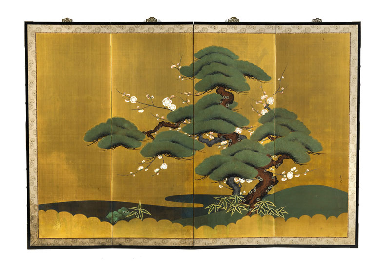 <b>A FOUR-FOLD PANEL SCREEN (BYOBU) DEPICTING THE 'THREE FRIENDS OF WINTER', INK, COULOUR AND GOLD ON SILK</b>