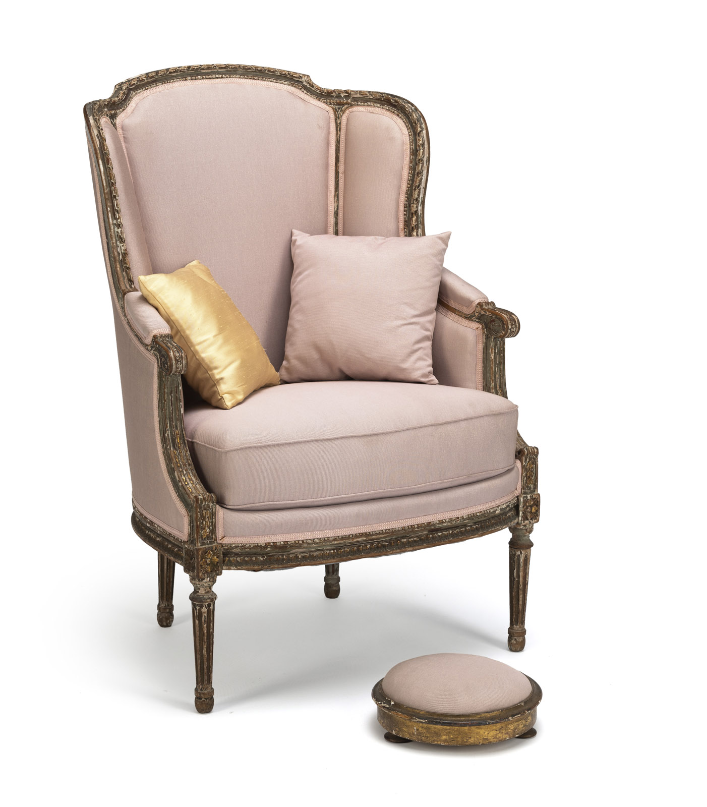 <b>A LOUIS XVI STYLE POLYCHROME AND PARCEL- GILT PAINTED FAUTEUIL</b>