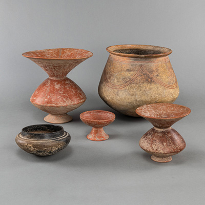 <b>A GROUP OF FIVE PARTLY PAINTED POTTERY VESSELS</b>