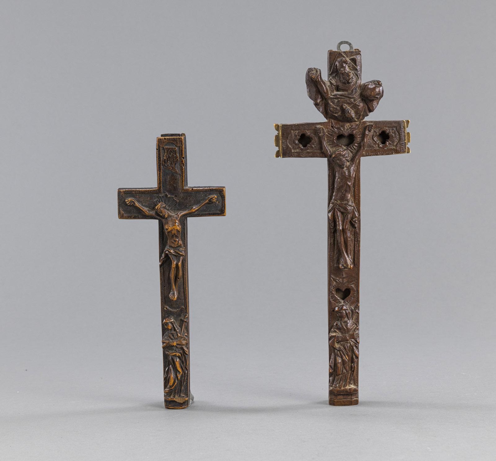 <b>TWO CARVED WOOD RELIC CRUCIFIXES WITH CONVENT WORKS</b>
