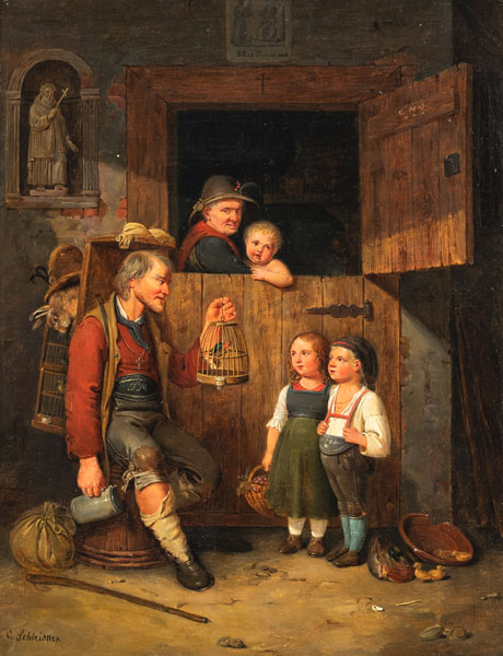 A tramp entertaining peasant children at a Dutch door. Oil/canvas, signed.