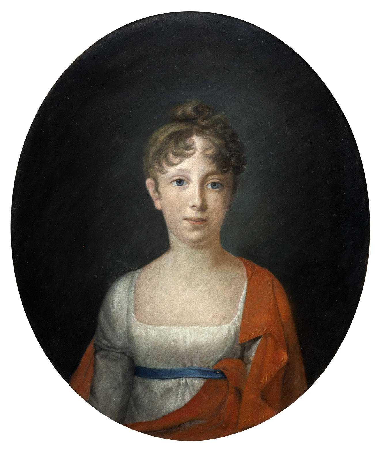 Bildnis einer Dame in weißem Kleid mit rotem Cape als Halbfigur. Pastell.