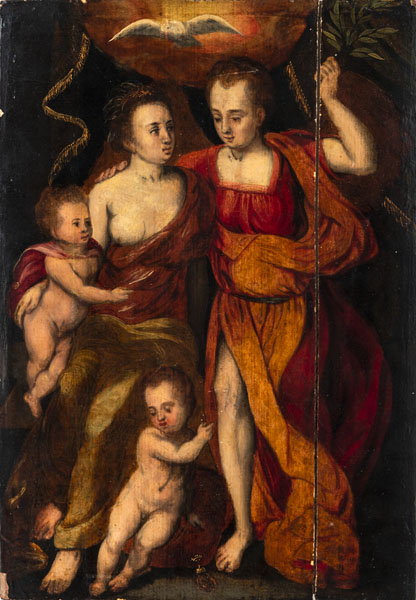 Allegory of Charity with an Archangel. Oil/panel, verso panel maker's mark. Defective.