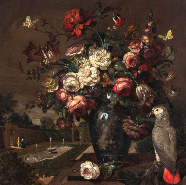 Blumenstilleben mit Graupapagei vor Parklandschaft. Öl/Lwd./Holz. Blumenstilleben mit Graupapagei vor Parklandschaft. Öl/Lwd./Holz.