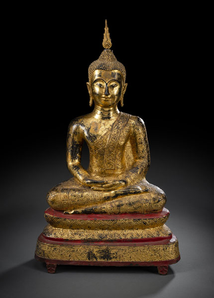 <b>Bronze des Buddha Shakyamuni mit Lackauflage und Vergoldung</b>