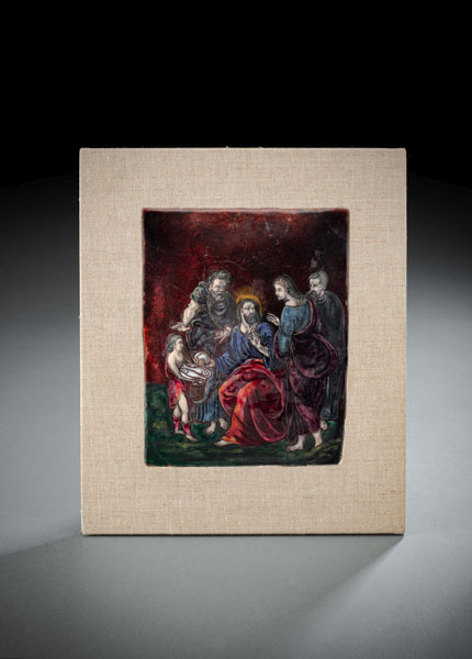 Kupfer- oder Metallplatte mit opaker Emaillemalerei und Goldkonturage. Auf Holzplatte fixiert. Kupfer- oder Metallplatte mit opaker Emaillemalerei und Goldkonturage. Auf Holzplatte fixiert.