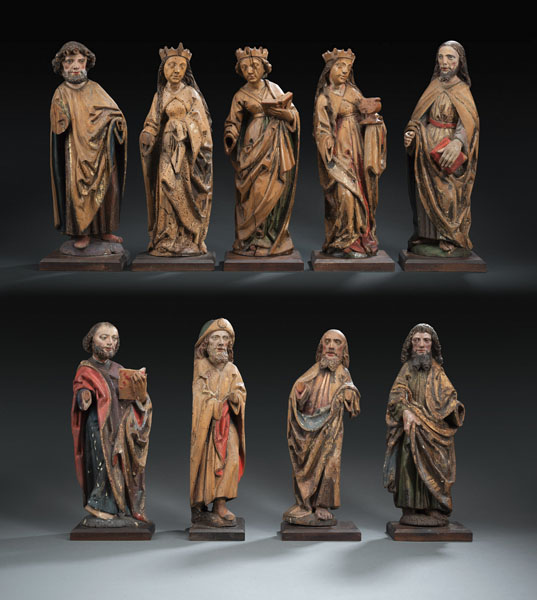 <b>Bedeutende Spätgotische Gruppe von sechs Aposteln und drei weiblichen Heiligen</b>