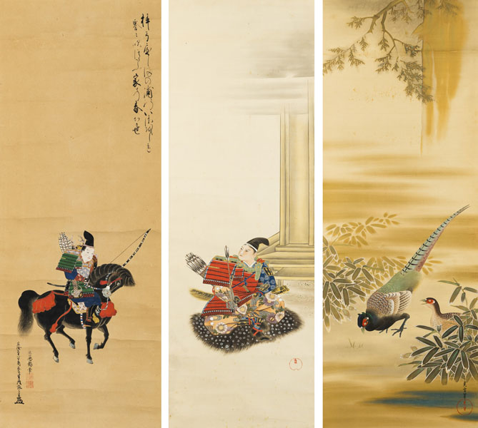 <b>THREE HANGING SCROLLS WITH SAMURAI AND A PAIR OF PHEASANTS</b>