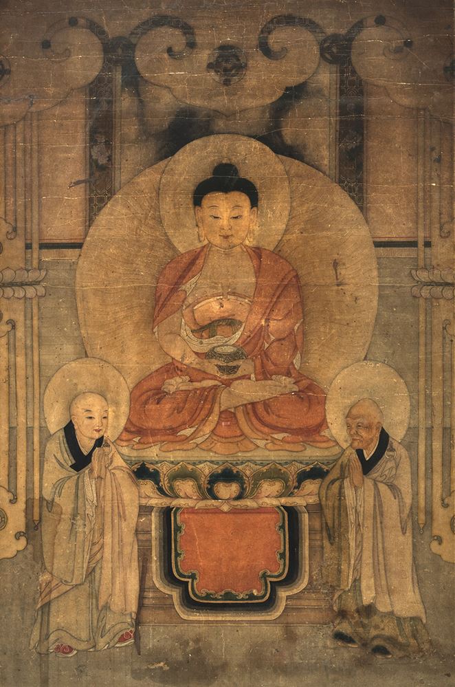 <b>A PAINTING OF BUDDHA AMITABHA ACCOMPANIED BY TWO LUOHAN</b>