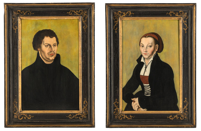 Doppelbildnis des Martin Luther und seiner Ehefrau Katharina von Bora. Gegenstücke. Öl/Holz.
