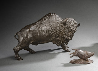 <b>TWO CAST BRONZE MODELS OF A BUFFALO AND A RUNNING BOAR</b>