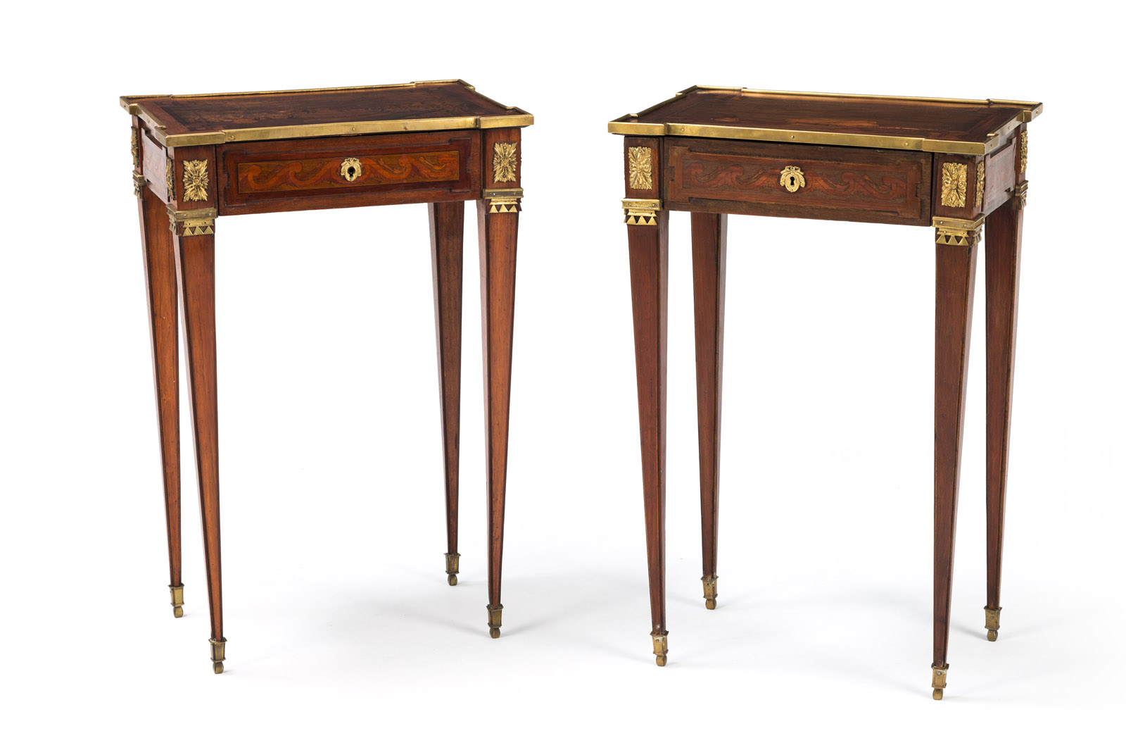 <b>A PAIR OF ORMOLU-MOUNTED WALNUT, AMARANTH, MAHOGANY AND FRUITWOOD MARQUETRY OCCASIONAL TABLES</b>