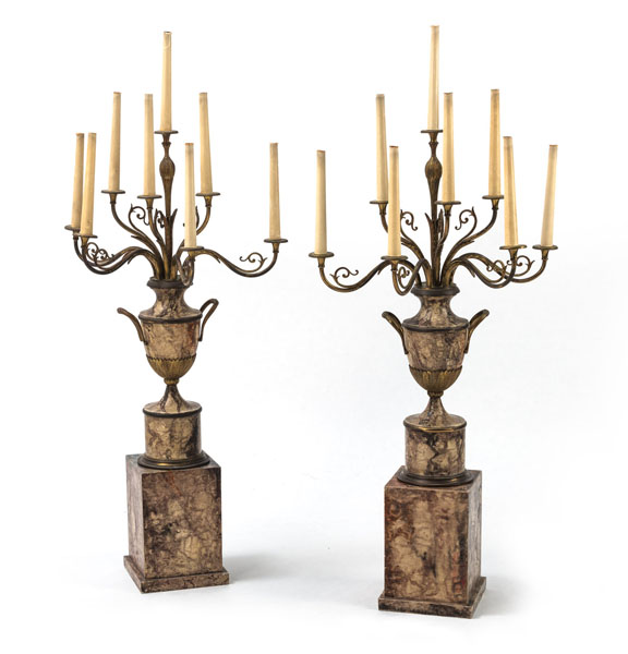 <b>A PAIR OF EIGHT LIGHT PAINTED METAL BRASS AND WOOD CANDELABRA 